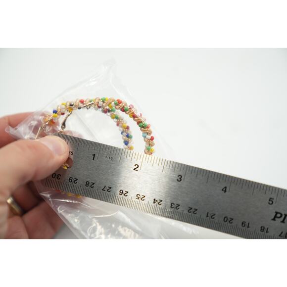 Handmade Colorful Seed Bead Hoop Earrings Boho Style 2 1/2" Diameter Lightweight - Picture 6 of 6